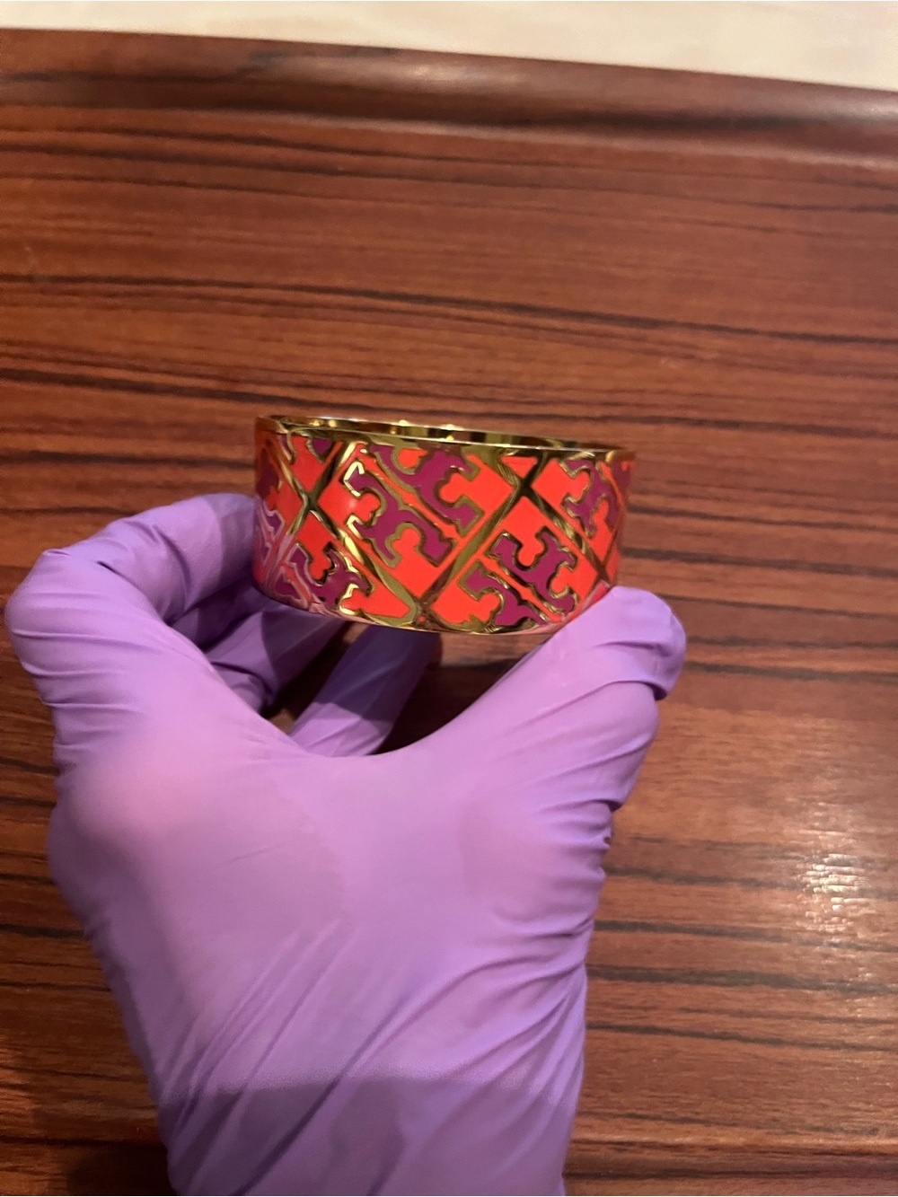 Tory Burch Coral and Pink Enamel Logo Cuff Bracelet with Gold Tone